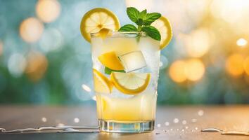 Refreshing lemonade cocktail with mint and lemon slices on a summer day by the poolside photo