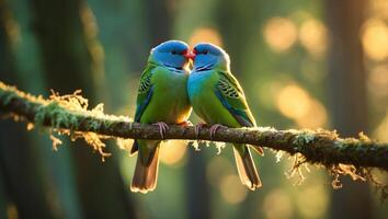 Beautiful blue parakeets display affection on a branch during golden hour in a serene forest setting photo