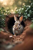 Curious rabbit peeks out from its burrow in a serene forest during golden hour photo