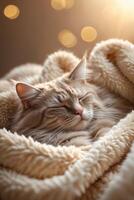 Cozy cat enjoying a peaceful nap wrapped in a soft blanket with warm light in the background photo