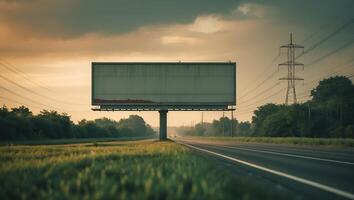 Empty billboard stands along the quiet highway at dusk with soft clouds and distant trees photo