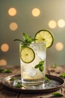 Refreshing mint and lime beverage served on a wooden table with soft bokeh lights in the background during a summer evening gathering photo