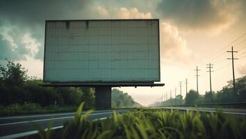 Billboard stands empty beside a quiet highway at dusk with power lines in the background photo