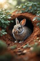 Rabbit emerges from burrow in a forest setting during the late afternoon light photo