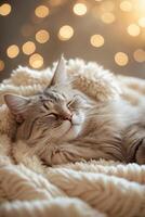 Cozy cat resting peacefully in soft blanket with warm bokeh lights in the background during evening hours photo