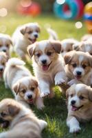 Puppies playing joyfully in a sunny backyard at golden hour with vibrant decorations in the background photo