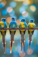 Colorful birds perched on a branch create a stunning display in soft sunlight during a tranquil morning photo
