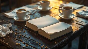 Warm coffee and an open book on a rustic table during a golden hour setting in a cozy cafe photo