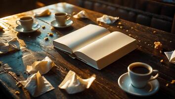 Cozy cafe setting with open book and coffee cups on wooden table during golden hour photo
