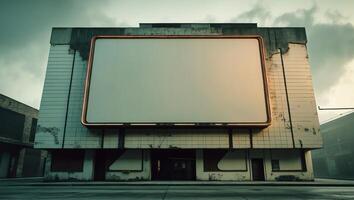Abandoned cinema with a blank marquee in a deserted urban setting during twilight photo