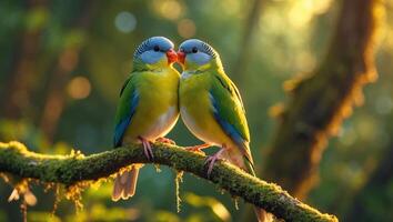 Colorful budgerigars sharing a moment on a moss-covered branch during golden hour in a lush forest photo