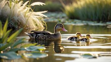Mother duck and her ducklings swim peacefully in a serene pond during golden hour photo