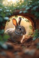 Rabbit explores a hidden burrow surrounded by lush greenery during golden hour photo
