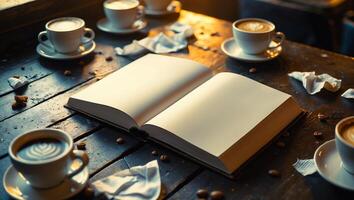 Cozy coffee shop setting with empty book and cups in warm evening light photo