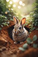 Curious rabbit emerges from burrow surrounded by greenery in soft sunlight photo