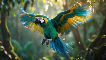 Colorful macaw flying through a lush rainforest during golden hour, showcasing vibrant plumage and natural beauty photo