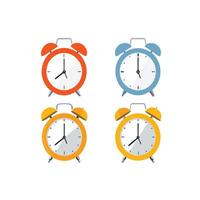 Print set of three alarm clocks in different colors isolated on white background, flat style clock vector