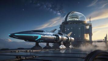 Spaceship docked at futuristic station under a starry sky during twilight photo
