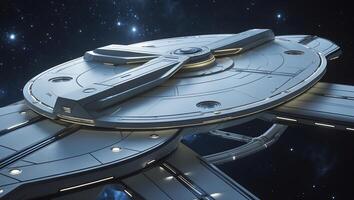 Futuristic space station orbiting a distant planet in a breathtaking cosmic landscape photo