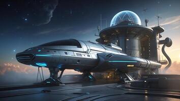 Futuristic spaceship docks at a high-tech space station under a starry sky at dawn photo