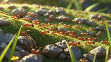 Ants marching across a lush green surface with pebbles under bright sunlight during the daytime photo