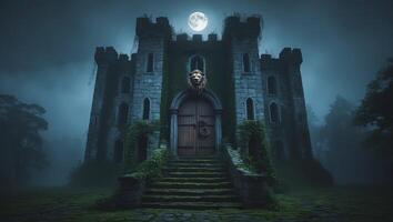 Mysterious castle under a full moon shrouded in fog at night photo