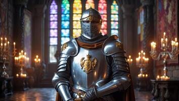 Knight in shining armor stands proud inside a grand castle with stained glass windows and flickering candles photo