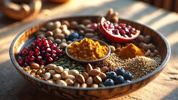 Vibrant display of assorted spices and nuts arranged in a wooden bowl during daylight indoors photo