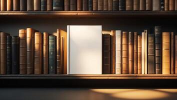 Empty book on a shelf surrounded by vintage leather-bound volumes in a dimly lit library photo
