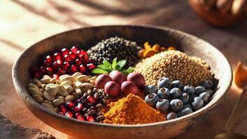 Colorful arrangement of spices, seeds, and fruits in a decorative bowl on a rustic table during daylight hours photo