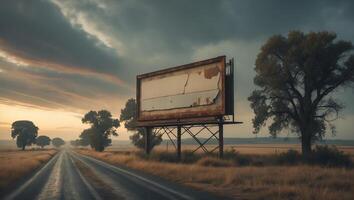 Barren roadside with weathered billboard overlooking empty landscape at dusk in rural area photo