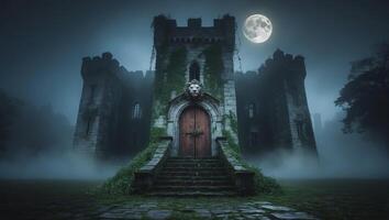 Haunted castle emerges beneath a full moon with mist swirling around the ancient stone structure at night photo