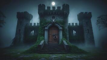 Mysterious castle shrouded in fog under a full moon at night in a dark forest setting photo