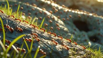 Ants busy foraging on a sunlit patch of grass beside a rocky surface during the golden hour in a natural environment photo