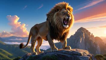 Majestic lion roaring at sunset on rocky terrain with distant mountains in the background photo