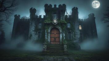 Mysterious castle shrouded in mist under a full moon at night photo