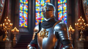 Knight in shining armor stands proudly in a grand castle hall with stained glass windows and candlelight illumination photo