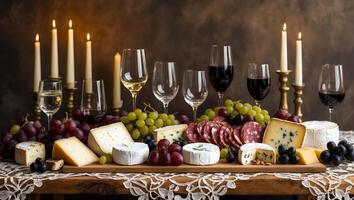 Elegant cheese and charcuterie display with wine and grapes at a candlelit gathering in a cozy setting photo