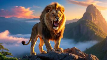 Lion stands majestically on rocky terrain against a colorful sunset in a mountainous landscape photo