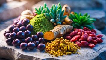 Vibrant display of fresh herbs, spices, and berries arranged on natural stone with soft lighting photo