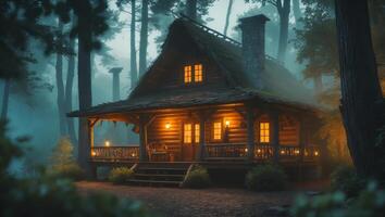 Cozy log cabin illuminated by warm lights in a misty forest during twilight hours photo