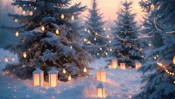 Winter wonderland with snow-covered trees and glowing lights at dusk photo