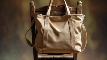 Natural canvas tote bag displayed casually on a wooden chair against a warm, blurred background in the afternoon light photo