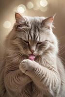 Fluffy white cat grooming itself in a cozy setting with soft bokeh lights in the background photo