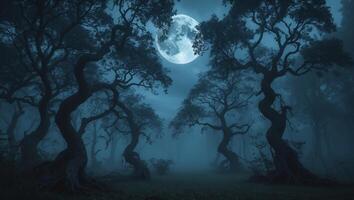 Enchanted moonlit forest at night with twisted trees and fog illuminating the surroundings photo