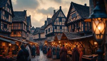 Medieval marketplace bustling with vendors and townsfolk at dusk in a charming village setting photo