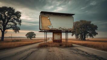 Abandoned billboard stands alone on a deserted road surrounded by nature at dusk photo