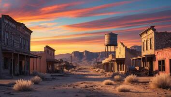 Deserted old west town under colorful sunset sky with dramatic clouds and distant mountains photo