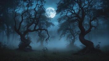 Mysterious forest at night illuminated by a full moon with twisted trees shrouded in mist photo