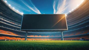 Vast empty stadium with a large digital display under a clear blue sky and bright sunlight during daytime photo